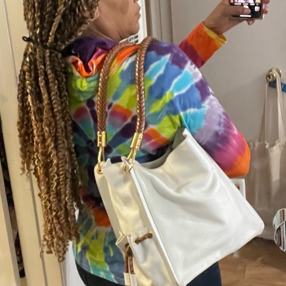 Michael Kors Skorpios White W/Brown Braided Handle Leather Shoulder Bag - Picture 9 of 9